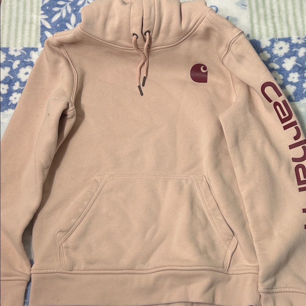Carhartt Women's Pink Hoodie with Maroon Logo - Picture 2 of 2